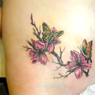 Sakura Flowers and Butterfly Tattoo