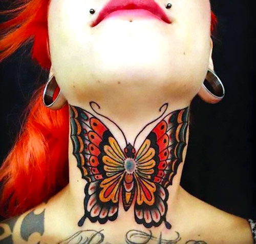 Traditional Butterfly on The Neck Tattoo Idea