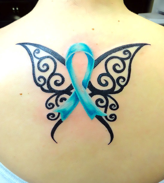Tribal Breast Cancer Butterfly on Back Tattoo Idea