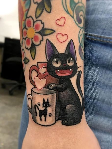 Black Cat with a Cup Tattoo Idea
