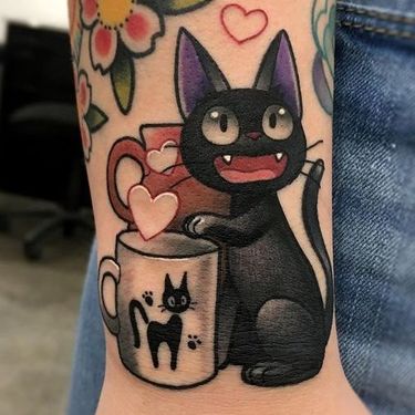 Black Cat with a Cup Tattoo