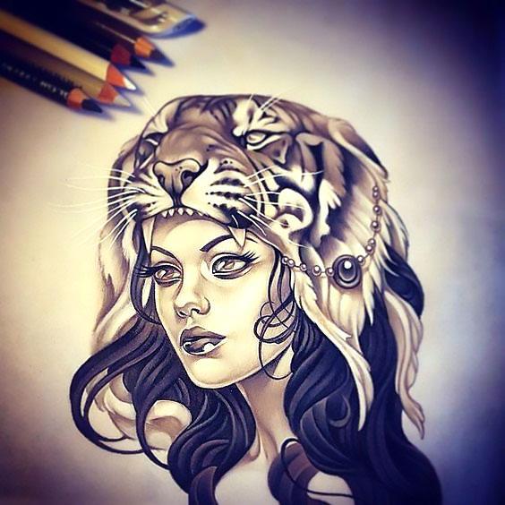 Beautiful Womam With Tiger Head Dress Tattoo Design