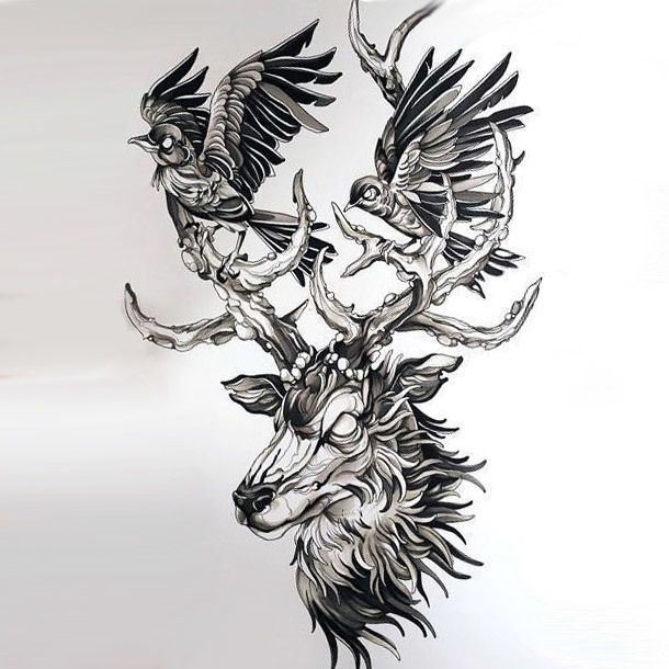 Best Deer Head With Birds Tattoo Design