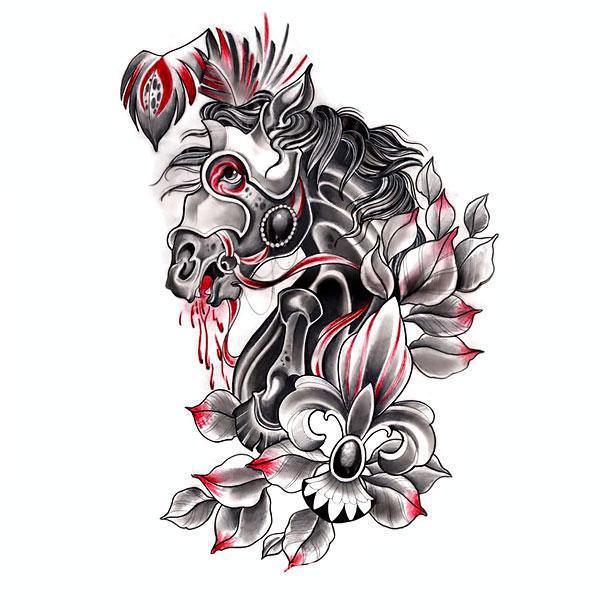 Black and Red Trash Horse Tattoo Design