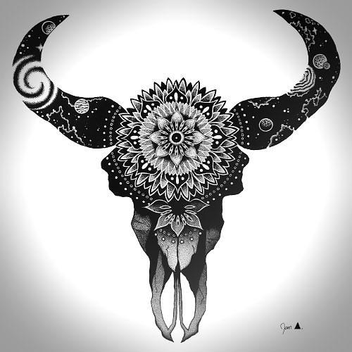 Blackwork Bull Skull Tattoo Design