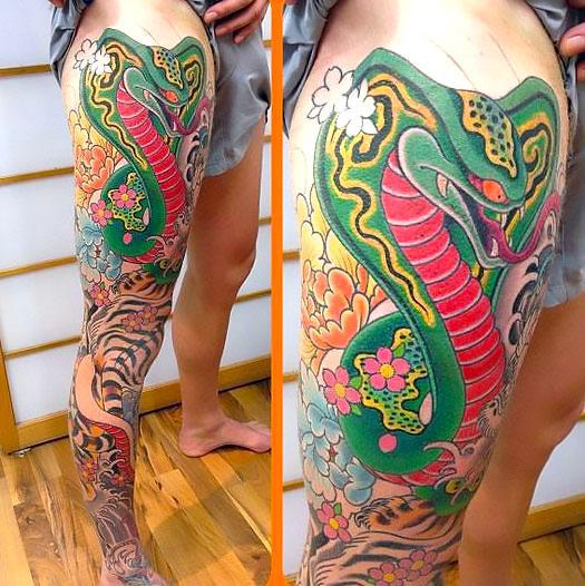 Asian Snake on Leg Tattoo Idea