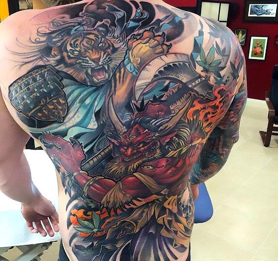 Asian Tiger and Devil on Back Tattoo Idea
