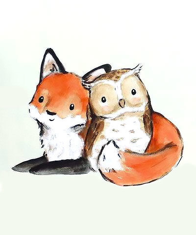 Cute Little Fox and Owl Tattoo Design