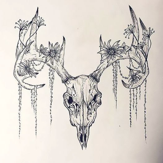 Deer Skull Flowers Tattoo Design