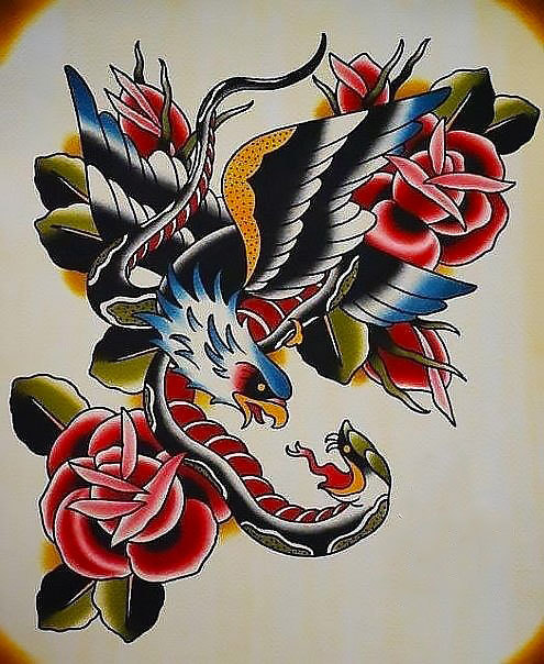 Eagle and Snake And Roses Tattoo Design