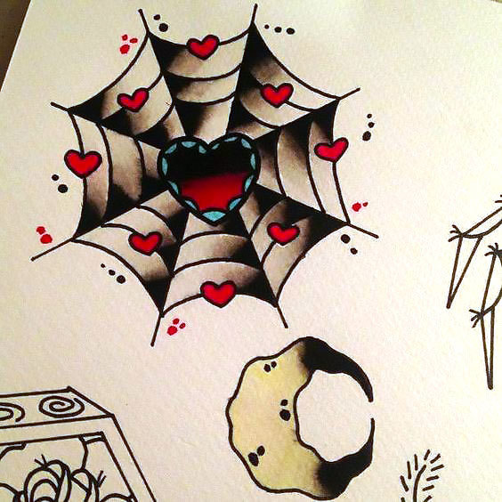 Girly Spider Web With Heart Tattoo Design
