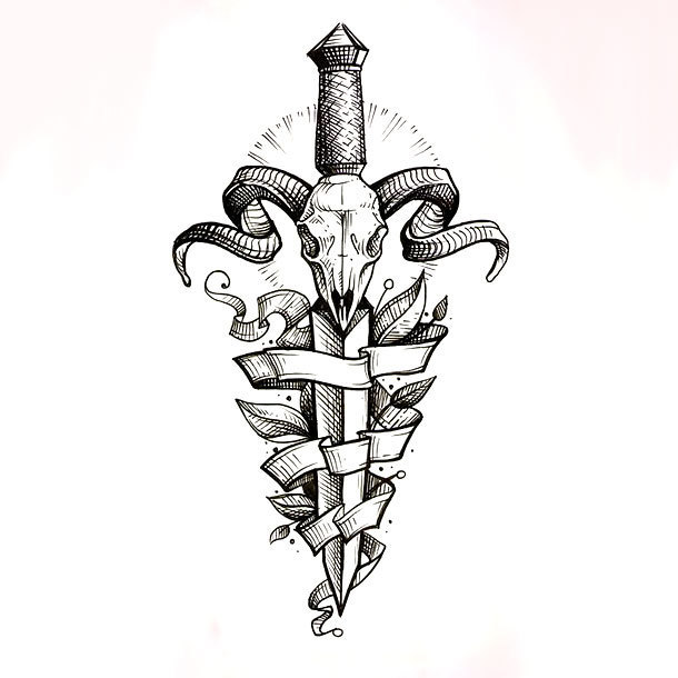 Ram Skull and Knife Tattoo Design