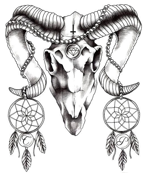 Ram Skull With Dream Catchers Tattoo Design