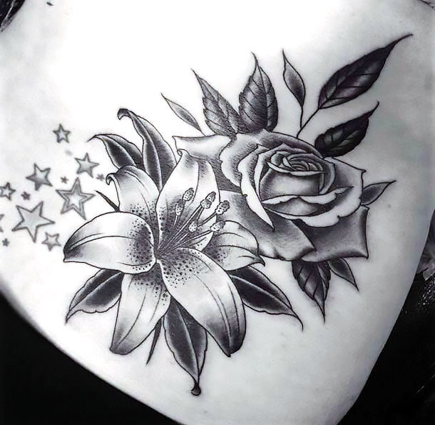 Black Lily and Rose Tattoo Design