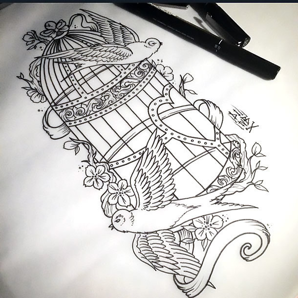 Fine Line Bird Cage Tattoo Design