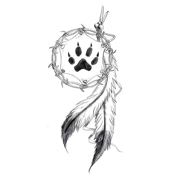 Indian Feather and Bear Print Tattoo Design