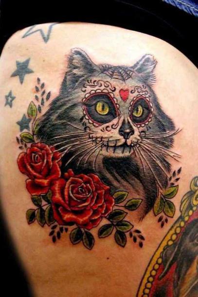 Chicano Cat with Roses Tattoo Idea
