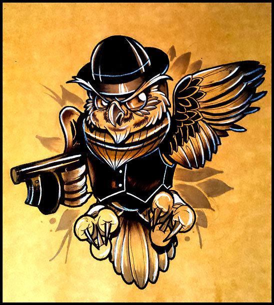 New School Owl Gangster Tattoo Design