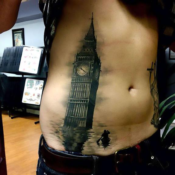 Big Ben Tattoo on Stomach for Guys Tattoo Idea