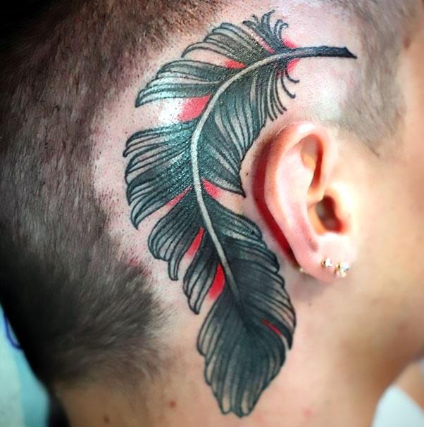 Big Feather Behind Ear Tattoo Idea