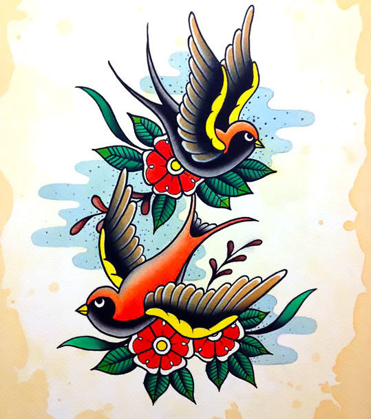 Nice Traditional Swallows Tattoo Design