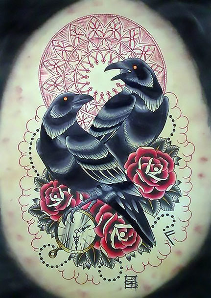 Old School Crows Tattoo Design