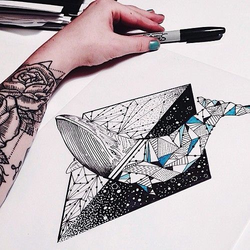 Gorgeous Geometric Matching Whale Tattoo Design