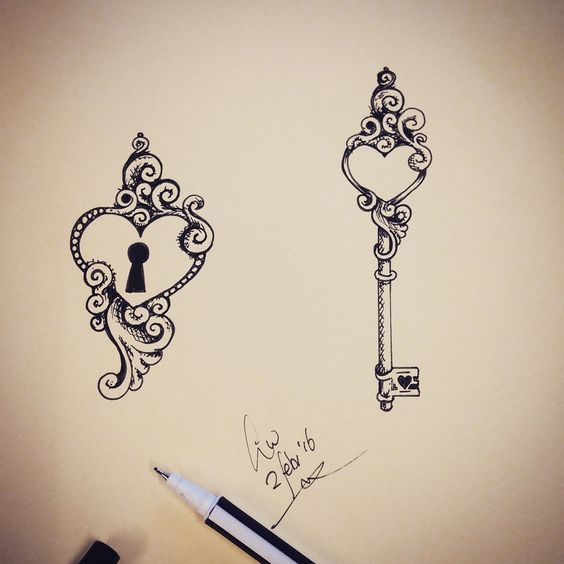 Couples Design of Locked Heart and Key Tattoo Design