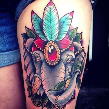 Beautiful Colorful Elephant Thigh Tattoo