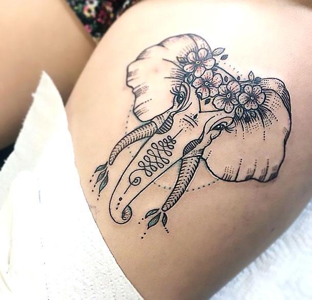 Beautiful Elephant Thigh Tattoo Idea