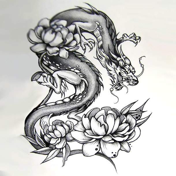 Japanese Dragon With Peonies Tattoo Design