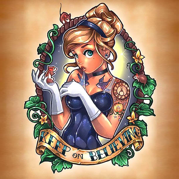 Keep on Believing Pin Up Cinderella Tattoo Design