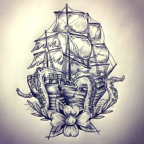 Ship Kraken Tattoo Design