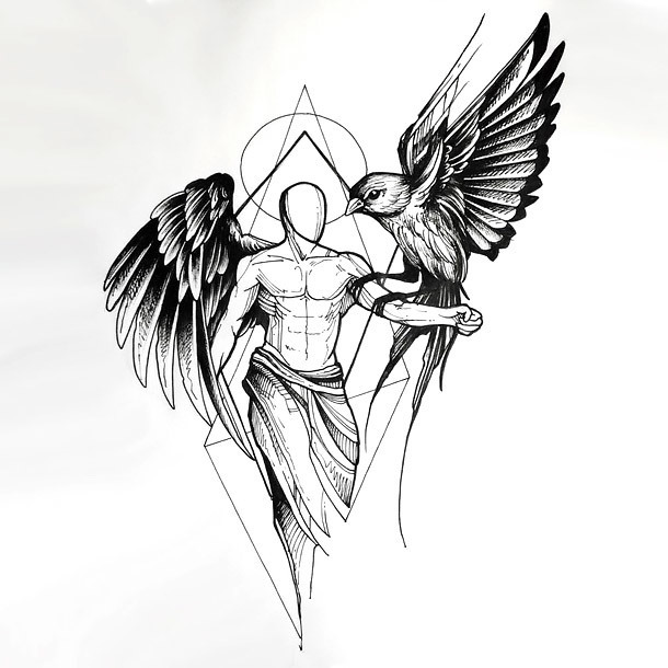 Sketch Style Angel With Bird Tattoo Design