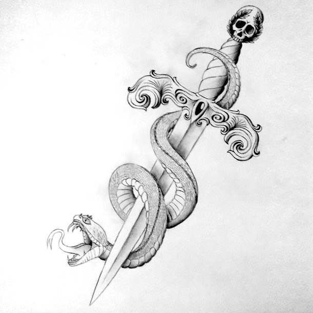 Snake Around Dagger Tattoo Design